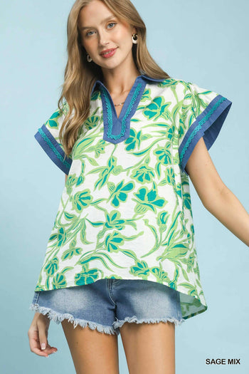Umgee Floral Split Neck Top in Sage