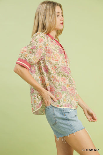 Umgee Mix Floral Puff Sleeve Top with Contrast Trim in Cream Mix