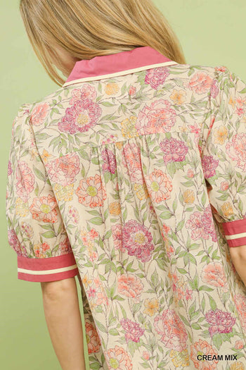 Umgee Mix Floral Puff Sleeve Top with Contrast Trim in Cream Mix