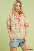 Umgee Mix Floral Puff Sleeve Top with Contrast Trim in Cream Mix