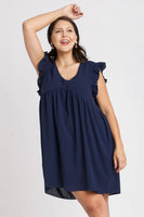 Umgee Dress with Short Ruffled Sleeves in Navy