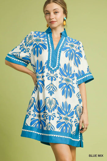 Umgee Mix Border Print Dress with Contrast Trim in Blue Mix