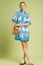 Load image into Gallery viewer, Umgee Mix Border Print Dress with Contrast Trim in Blue Mix
