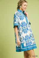 Umgee Mix Border Print Dress with Contrast Trim in Blue Mix