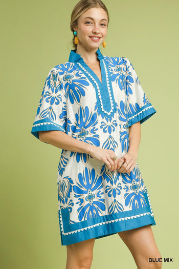 Umgee Mix Border Print Dress with Contrast Trim in Blue Mix