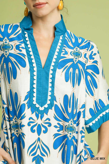 Umgee Mix Border Print Dress with Contrast Trim in Blue Mix