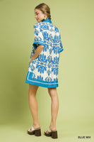 Umgee Mix Border Print Dress with Contrast Trim in Blue Mix
