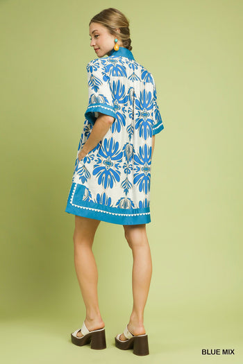 Umgee Mix Border Print Dress with Contrast Trim in Blue Mix