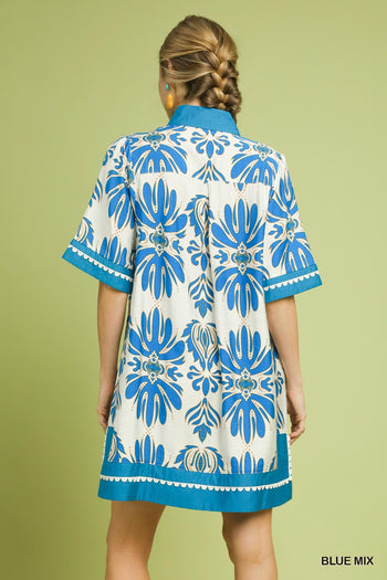 Umgee Mix Border Print Dress with Contrast Trim in Blue Mix