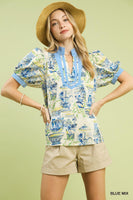 Umgee Chinoiserie Toile Print Top in Blue Mix