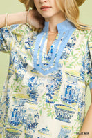 Umgee Chinoiserie Toile Print Top in Blue Mix