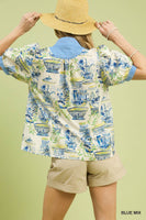 Umgee Chinoiserie Toile Print Top in Blue Mix