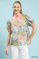 Umgee Chinoiserie Toile Print Top in Coral Mix