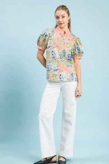 Umgee Chinoiserie Toile Print Top in Coral Mix
