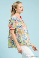 Umgee Chinoiserie Toile Print Top in Coral Mix