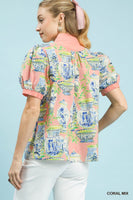 Umgee Chinoiserie Toile Print Top in Coral Mix