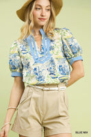 Umgee Chinoiserie Toile Print Top in Blue Mix