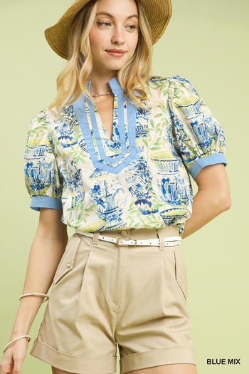 Umgee Chinoiserie Toile Print Top in Blue Mix