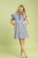 Umgee Mixed Stripe Flutter Sleeve Tiered Babydoll Dress in Blue