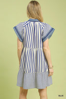 Umgee Mixed Stripe Flutter Sleeve Tiered Babydoll Dress in Blue