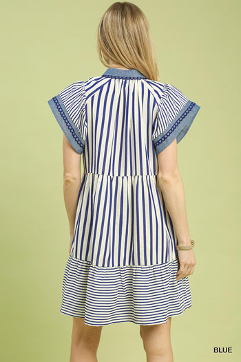 Umgee Mixed Stripe Flutter Sleeve Tiered Babydoll Dress in Blue