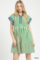 Umgee Mixed Stripe Flutter Sleeve Tiered Babydoll Dress in Green