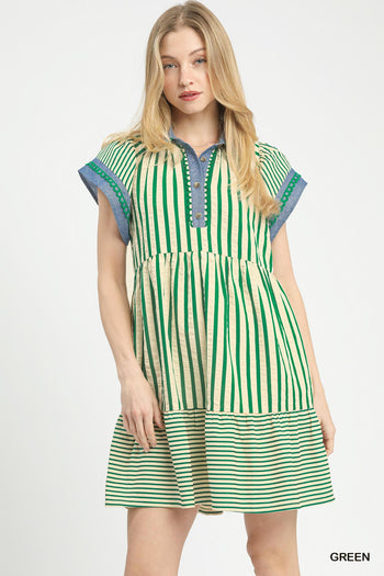 Umgee Mixed Stripe Flutter Sleeve Tiered Babydoll Dress in Green