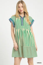 Load image into Gallery viewer, Umgee Mixed Stripe Flutter Sleeve Tiered Babydoll Dress in Green
