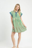 Umgee Mixed Stripe Flutter Sleeve Tiered Babydoll Dress in Green
