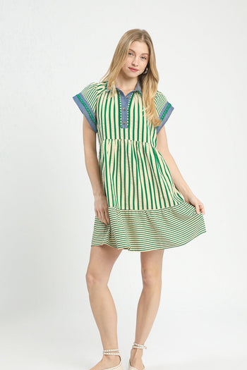 Umgee Mixed Stripe Flutter Sleeve Tiered Babydoll Dress in Green