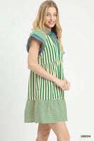 Umgee Mixed Stripe Flutter Sleeve Tiered Babydoll Dress in Green