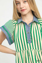 Load image into Gallery viewer, Umgee Mixed Stripe Flutter Sleeve Tiered Babydoll Dress in Green
