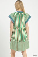 Umgee Mixed Stripe Flutter Sleeve Tiered Babydoll Dress in Green