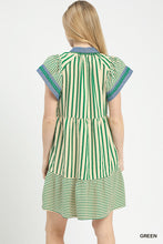 Load image into Gallery viewer, Umgee Mixed Stripe Flutter Sleeve Tiered Babydoll Dress in Green
