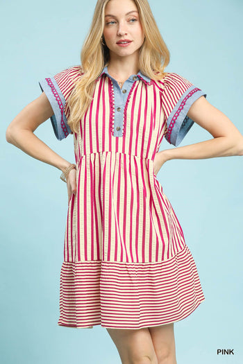 Umgee Mixed Stripe Flutter Sleeve Tiered Babydoll Dress in Pink