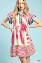 Load image into Gallery viewer, Umgee Mixed Stripe Flutter Sleeve Tiered Babydoll Dress in Pink
