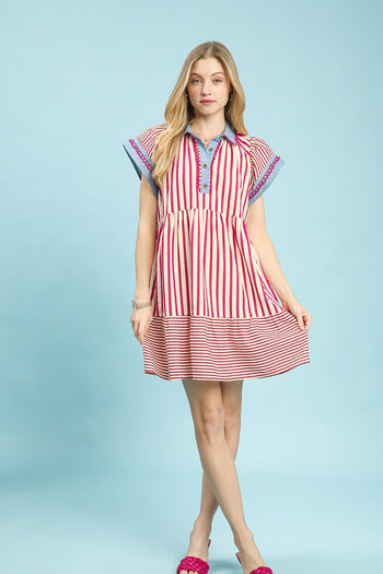 Umgee Mixed Stripe Flutter Sleeve Tiered Babydoll Dress in Pink