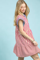 Umgee Mixed Stripe Flutter Sleeve Tiered Babydoll Dress in Pink