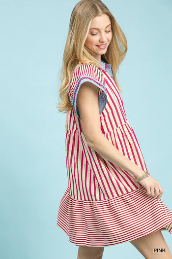 Umgee Mixed Stripe Flutter Sleeve Tiered Babydoll Dress in Pink