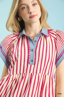 Umgee Mixed Stripe Flutter Sleeve Tiered Babydoll Dress in Pink