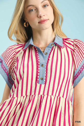 Umgee Mixed Stripe Flutter Sleeve Tiered Babydoll Dress in Pink