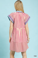 Umgee Mixed Stripe Flutter Sleeve Tiered Babydoll Dress in Pink