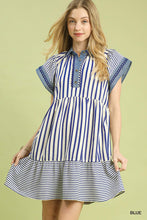 Load image into Gallery viewer, Umgee Mixed Stripe Flutter Sleeve Tiered Babydoll Dress in Blue
