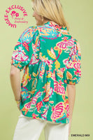 Umgee Paisley Print Top in Emerald Mix