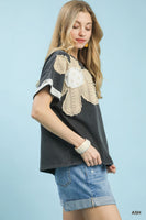 Umgee French Terry Flower Patched Top in Ash