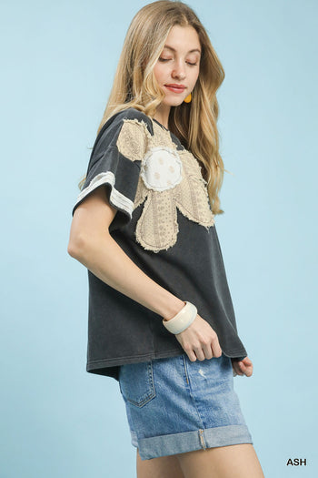 Umgee French Terry Flower Patched Top in Ash