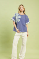 Umgee French Terry Flower Patched Top in Blue
