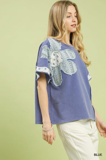 Umgee French Terry Flower Patched Top in Blue