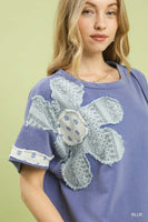 Umgee French Terry Flower Patched Top in Blue
