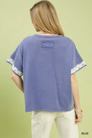Umgee French Terry Flower Patched Top in Blue
